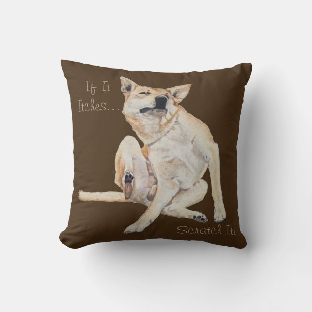 itchy dog scratching painting with funny slogan throw pillow (Front)