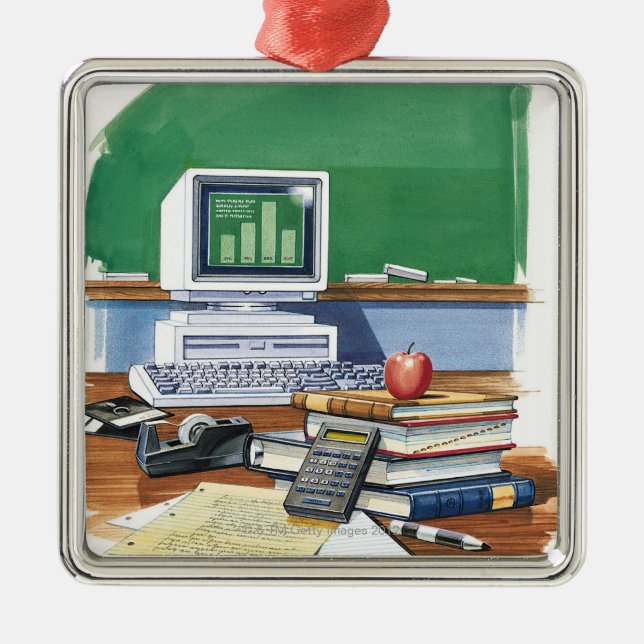 Items on a school teachers desk  Colour Metal Ornament (Front)