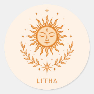 itha Celestial Sun Face Botanical Wreath Art Classic Round Sticker