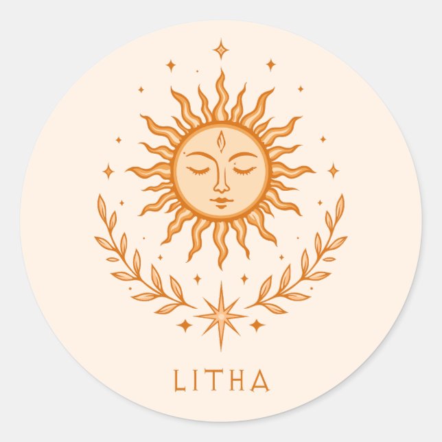 itha Celestial Sun Face Botanical Wreath Art Classic Round Sticker (Front)