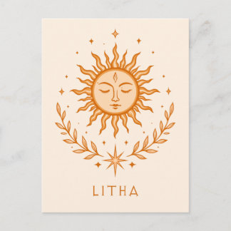 itha Celestial Sun Face Botanical Wreath Art Postcard