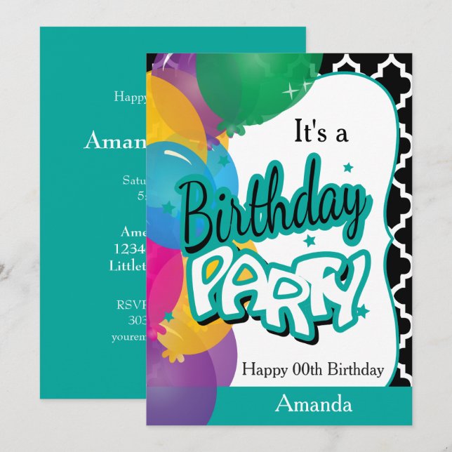 It's A 00th Birthday Party with Balloons in Teal Invitation (Front/Back)