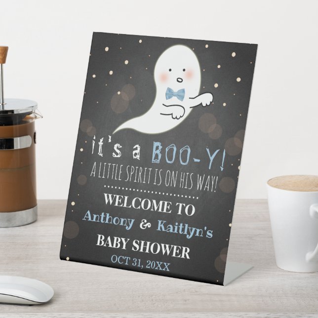 It's A Boo-y! Little Spirit Halloween Baby Shower Pedestal Sign (In SItu)