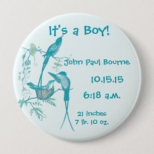It's A boy! Aqua Vintage Bird Mom Dad Baby Button