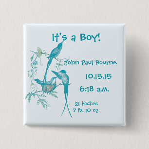 It's A boy! Aqua Vintage Bird Mom Dad Baby Button