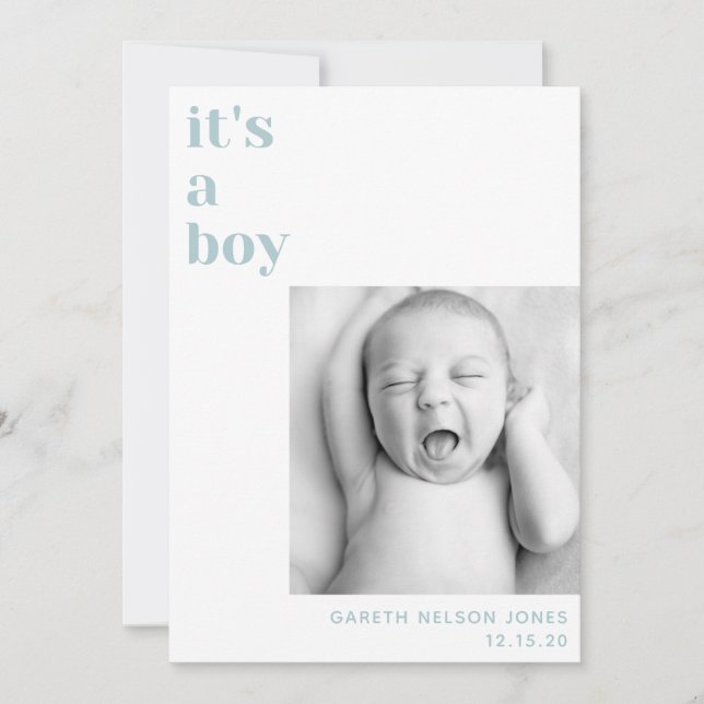 its a boy baby blue photo baby announcement (Front)