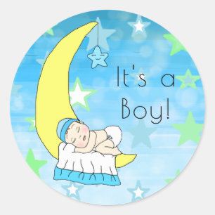 It's a Boy, Baby Boy on Moon and Stars Classic Round Sticker