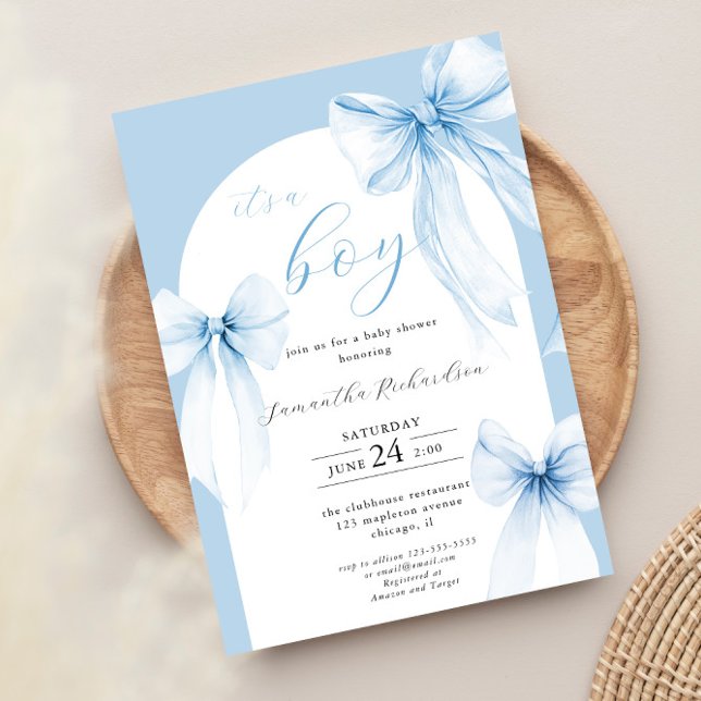 It's a Boy baby dusty blue coquette bows elegant Invitation (Creator Uploaded)