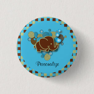 It's A Boy   Baby Elephant   Blue & Brown Plaid 1 Inch Round Button