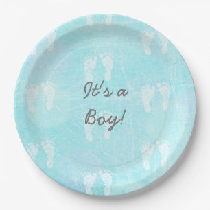 It's a Boy, Baby Footprints Blue Baby Shower Paper Plate