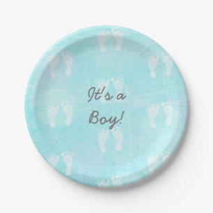 It's a Boy, Baby Footprints Blue Baby Shower Paper Plate