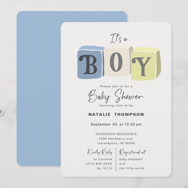 It's a Boy Baby Shower Blocks Blue Invitation (Front/Back)