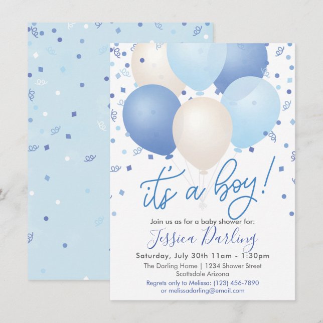 It's a Boy Baby Shower Blue Balloons and Confetti Invitation (Front/Back)