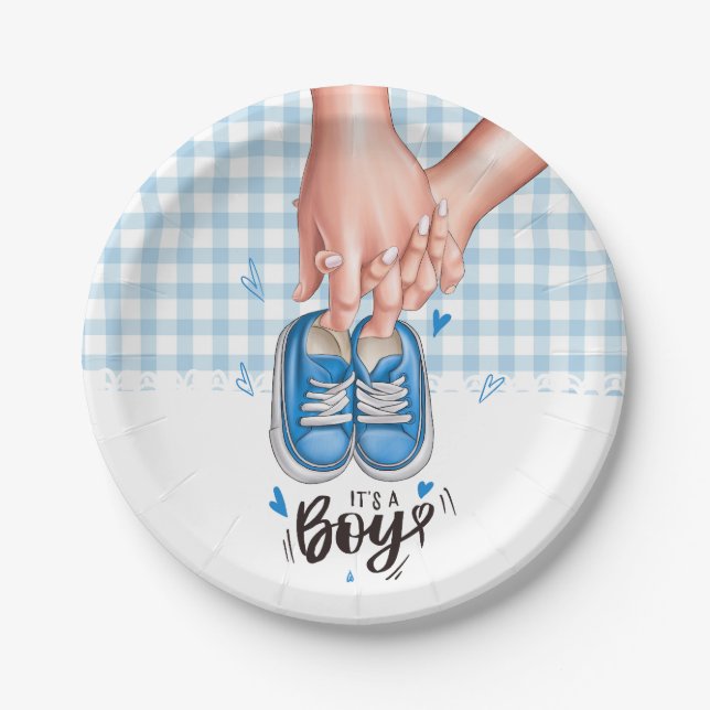 It's a Boy Baby Shower Blue Boy Shoes Paper Plate (Front)
