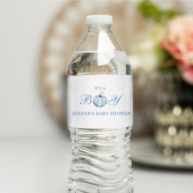 It's a Boy Baby Shower Blue Pumpkin Water Bottle Label (Creator Uploaded)
