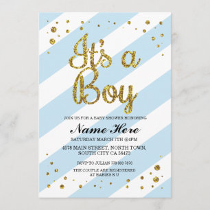 It's a Boy Baby Shower Blue Stripe Gold Invite