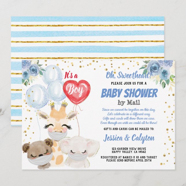 It's a Boy Baby Shower By Mail Cute Animals Masks Invitation (Front/Back)