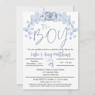 Its a boy Baby Shower invitation, Blue floral Invitation