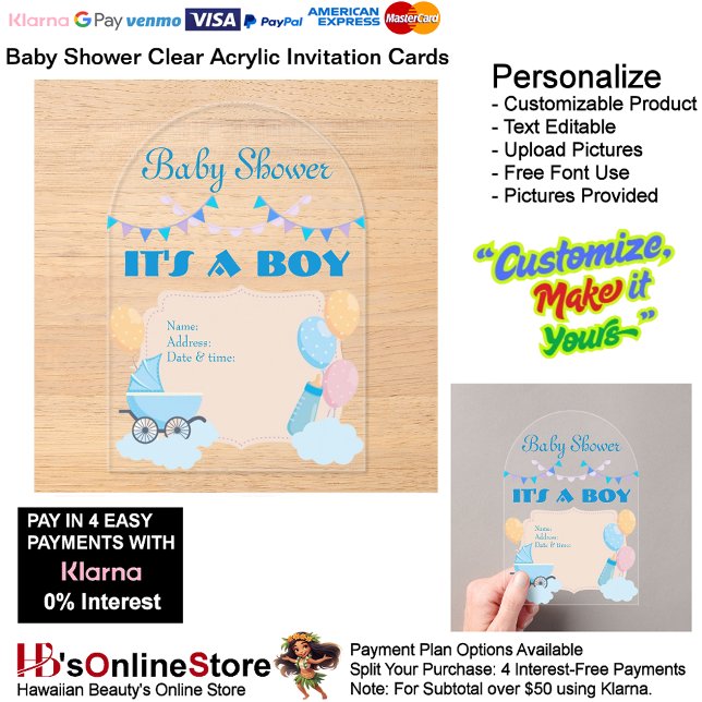 It's a Boy Baby Shower Invitation Card 19 (Boy's Baby Shower Birth Party Supplies Celebrate Clear Acrylic Invitations 19.)
