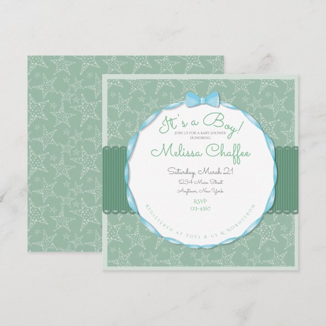 Its a Boy Baby Shower Invitation- Seafoam Green Invitation (Front/Back)