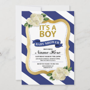 It's A Boy Baby Shower Navy Gold Stripe Invite
