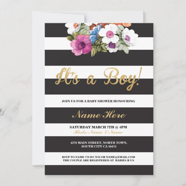 It's a Boy Baby Shower Stripe Gold Floral Invite (Front)