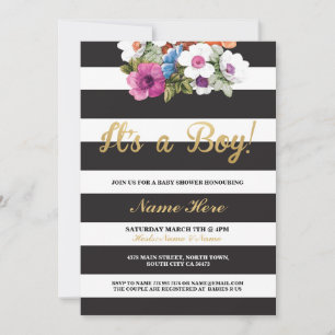 It's a Boy Baby Shower Stripe Gold Floral Invite