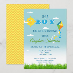 It's a Boy Baby Shower Sun Kite Cute Spring Summer Invitation