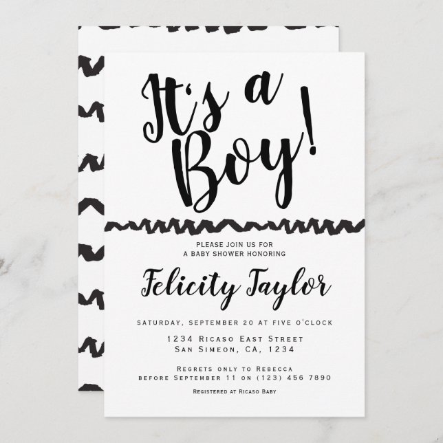 Its A Boy Baby Shower Typography Black White Invitation (Front/Back)