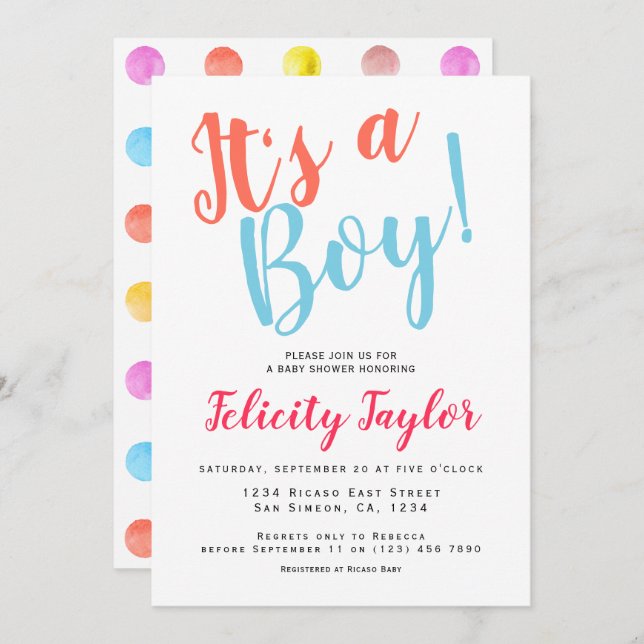Its A Boy Baby Shower Typography Colourful Dots Invitation (Front/Back)