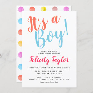 Its A Boy Baby Shower Typography Colourful Dots Invitation