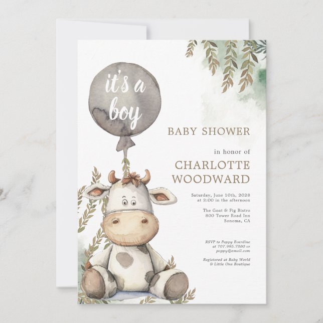 It's A Boy Balloon Cow Baby Shower Invitation (Front)