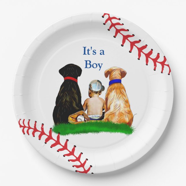 It's a Boy, | Baseball Themed Baby Shower Paper Plate (Front)
