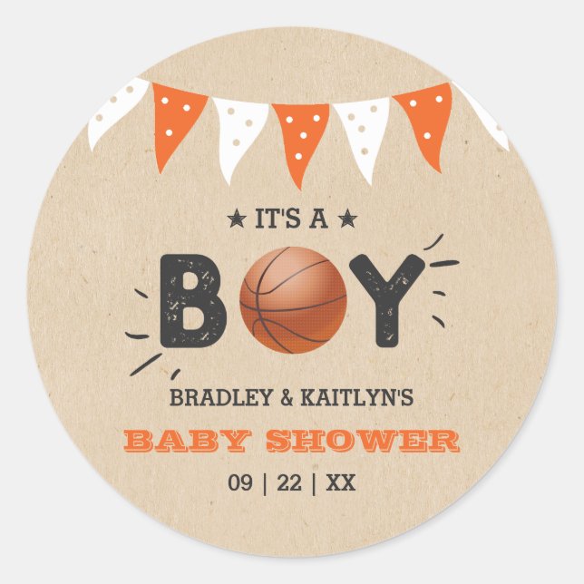 It's A Boy! Basketball Themed Co-ed Baby Shower Classic Round Sticker (Front)