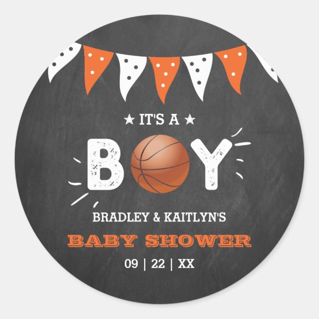 It's A Boy! Basketball Themed Co-ed Baby Shower Classic Round Sticker (Front)