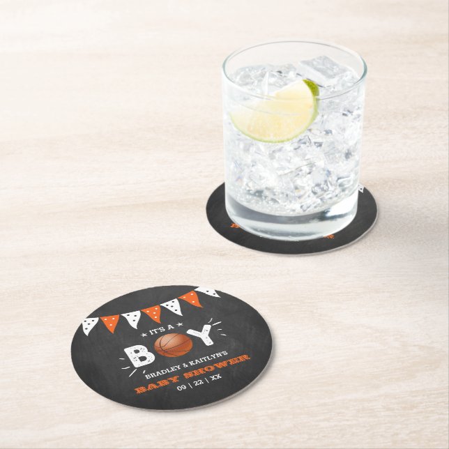 It's A Boy! Basketball Themed Co-ed Baby Shower Round Paper Coaster (Insitu)