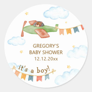 It's A Boy Bear Airplane Sky Baby Shower  Classic Round Sticker