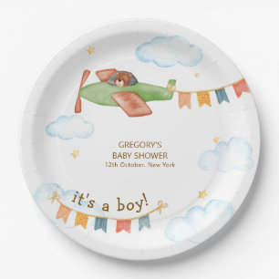 It's A Boy Bear Airplane Sky Baby Shower Paper Plate