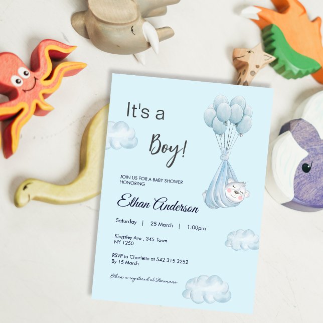 It's a Boy Bear Balloon Baby Shower Invitation (Its a boy bear Balloon Baby Shower Invite)