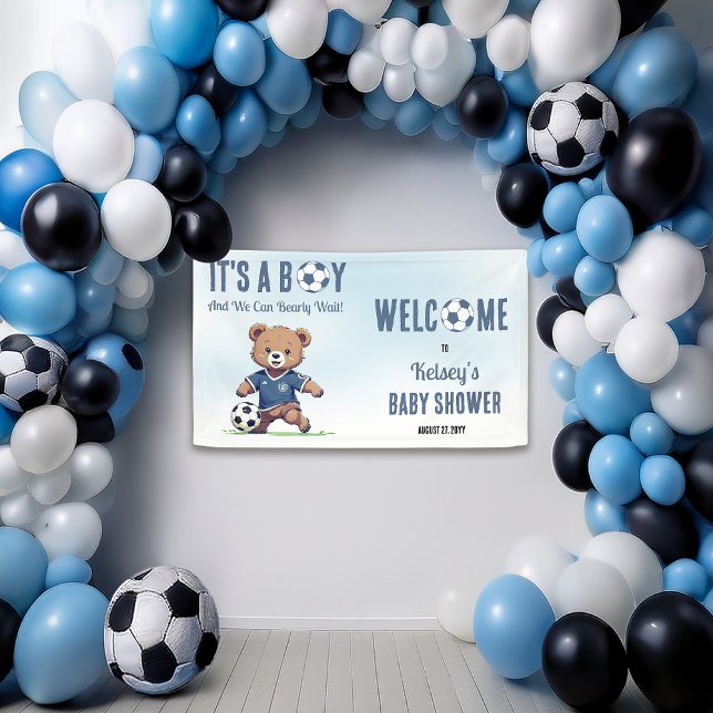 It's A Boy Bearly Wait Soccer Player Baby Shower Banner (Cute Blue "It's A Boy and We Can Bearly Wait!" Teddy Bear Soccer Player Boy Baby Shower Banner)
