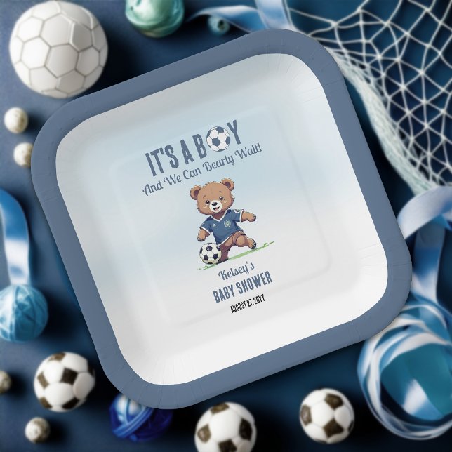 It's A Boy Bearly Wait Soccer Player Baby Shower Paper Plate (Blue It's A Boy and We Can Bearly Wait! Teddy Bear Soccer Player Boy Baby Shower Square Paper Plates)