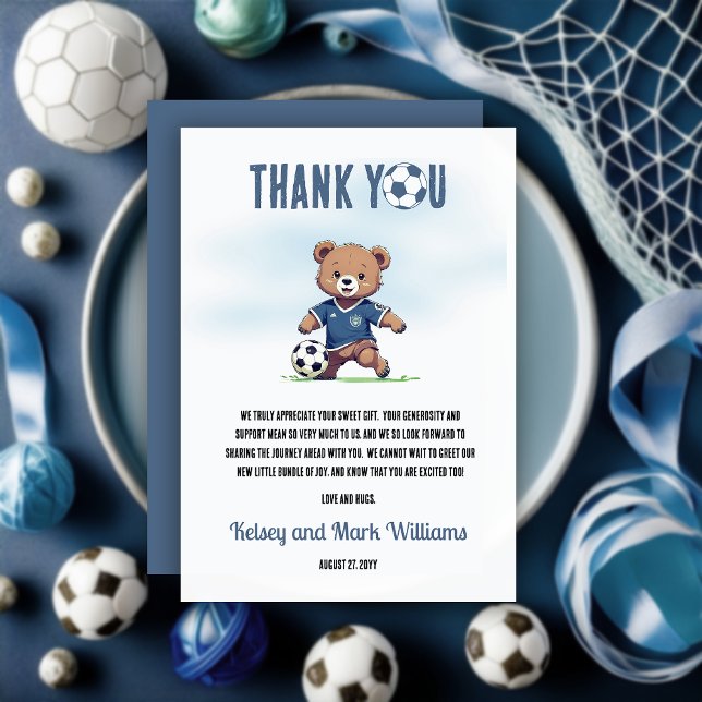 It's A Boy Bearly Wait Soccer Player Baby Shower Thank You Card (Cute Blue Teddy Bear Soccer Player Boy Baby Shower 
'Thank You' Card)