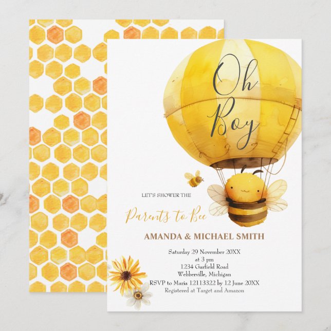 it's a boy Bee Watercolor Baby Shower Invitation (Front/Back)
