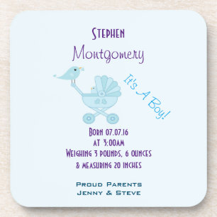 It's A Boy Birth Announcement Baby Bird Coaster