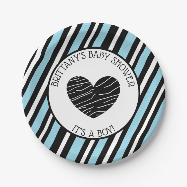 Its a boy, Blue and Black Striped Baby Shower Paper Plate (Front)
