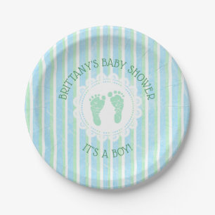 Its a boy, Blue and Green Striped Baby Shower Paper Plate