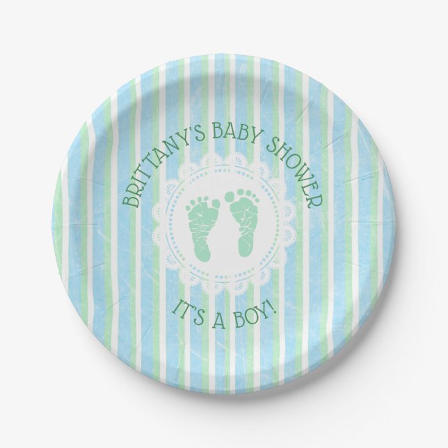 Its a boy, Blue and Green Striped Baby Shower Paper Plate (Front)