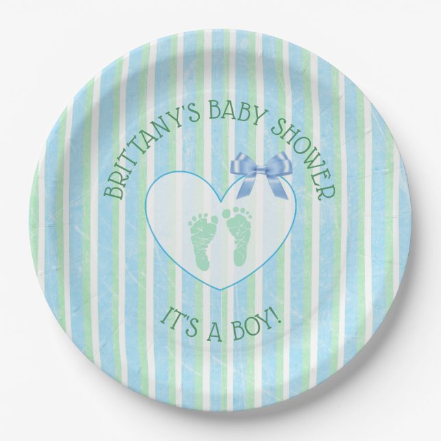 Its a boy, Blue and Green Striped Baby Shower Paper Plate (Front)
