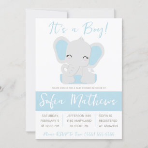 It's a Boy!  Blue and Grey Elephant Baby Shower Invitation