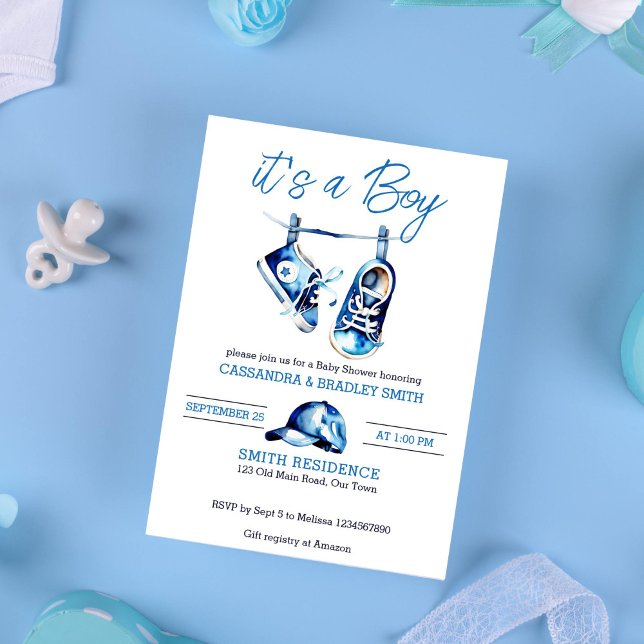 It's a boy blue baby shoes a cap simple modern invitation (It's a boy blue baby sneakers on a line baseball cap baby shower template invitation watercolor)